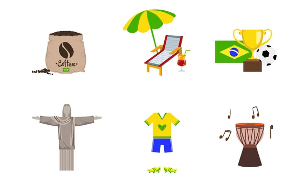 Reizen naar Brazilië set, symbolen en attracties van land vector illustratie — Stockvector