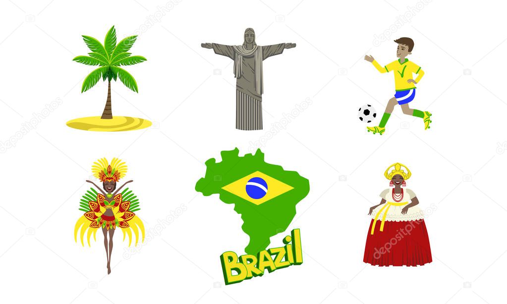 Brazil Symbols Set, Travel and Attractions of Brazil Vector Illustration