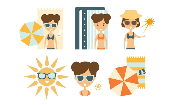 Fille bronzer sur la plage et prendre soin de sa peau à l'aide de crème solaire, parapluie et lunettes de soleil Illustration vectorielle — Image vectorielle