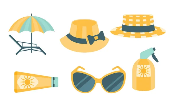 Set protezione della pelle, Sicurezza del sole sulla spiaggia, Cappello, Panama, Ombrello, Occhiali da sole, Crema solare Vettoriale Illustrazione — Vettoriale Stock