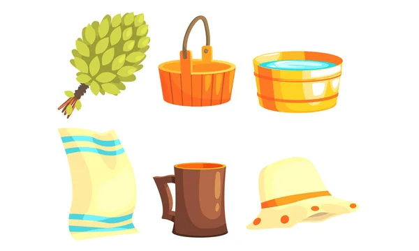 Set de equipos de sauna o casa de baños, escoba de abedul, cubo de madera, lavabo, toalla, sombrero e ilustración de vectores de taza — Vector de stock