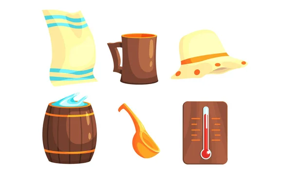 Set de equipos de sauna o casa de baños, toalla, sombrero, barril de madera, cucharón, termómetro Vector ilustración — Vector de stock