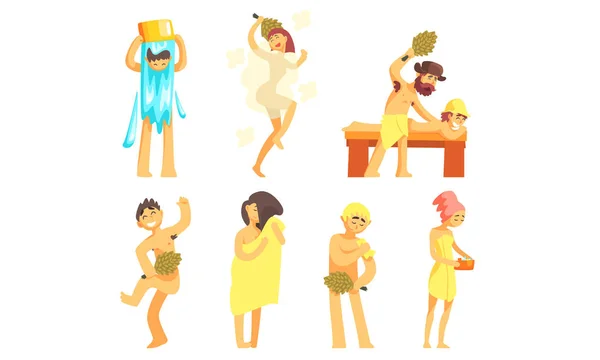 Personas que se bañan en la sauna o en el conjunto de baños, personas que disfrutan de los procedimientos de vapor caliente Vector Illustration — Vector de stock