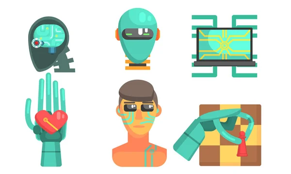 Artificial Intelligence Icons Set, Robotic Cybernetic Technology Objects Vector Illustration — Stock Vector