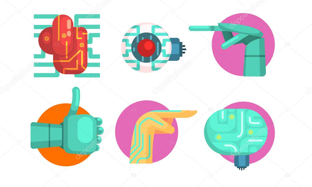 Artificial Intelligence Icons Set, Robotic Cybernetic and Technology Symbols Vector Illustration