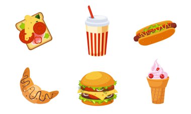 Fast Food Dishes, İçecek ve Tatlı Seti, Kruvasan, Dondurma, Burger, Sandviç, Soda İçeceği, Hot Dog Vector Illustration