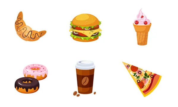 Snabbmat rätter, dryck och dessert set, croissant, glass, Burger, donut, kaffe, pizza vektor illustration — Stock vektor