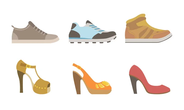 Colección de zapatos masculinos y femeninos, vista lateral Vector Ilustración — Vector de stock