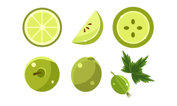 Green Fruits and Berries Set, Lime, Apple, Gooseberry Vector Illustration — Stock Vector