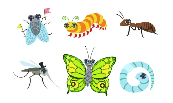 Sevimli Komik Karikatür Böcekler Seti Koleksiyonu, Sinek, Karınca, Sivrisinek, Kelebek, Tırtıl, Solucan Vektör İllüstrasyon — Stok Vektör