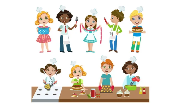 Cute Boys and Girls in Uniform Cooking in Kitchen Set, Kids Cooking Class Vector Illustration — Stock Vector