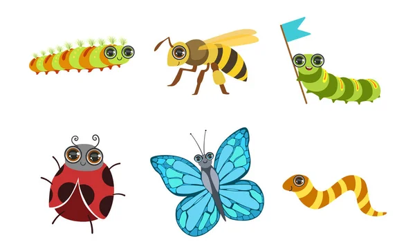 귀여운 재미 만화 곤충 세트, 무당 벌레, 나비, 사슴 딱정벌레, 말벌 벡터 일러스트레이트의 컬렉션 — 스톡 벡터