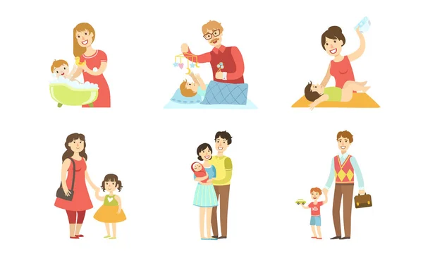 Conjunto de Atividades de Rotina Diária dos Pais, Mães e Pais Cuidando de Seus Filhos, Maternidade e Farhernidade Conceito Ilustração vetorial — Vetor de Stock