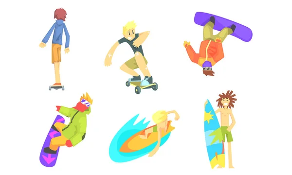 Gente al aire libre Actividades Set, Snowboard, Surfboarding, Skateboarding Vector Illustration — Archivo Imágenes Vectoriales