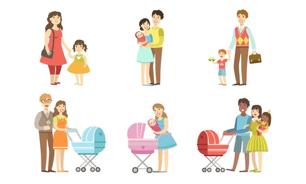 Pais Rotina Diária Conjunto de Atividades, Mães e Pais Caminhando com Seus Filhos Conceito Vetor Ilustração —  Vetores de Stock