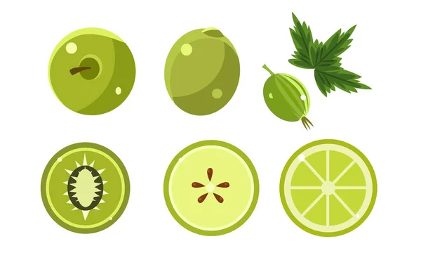 Conjunto de frutas e bagas verdes, Limão, Maçã, Groselha, Azeitona, Kiwi Vector Illustration — Vetor de Stock