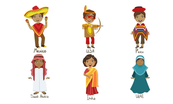 伝統的な衣装セットの子供たち, メキシコ, アメリカ, ペルー, サウジアラビア, インド, アラブ首長国連邦ベクトルイラスト — ストックベクタ