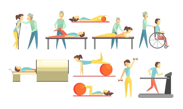 Комплект медицинской реабилитации, физиотерапевт и пациенты во время реабилитационных процедур — стоковый вектор