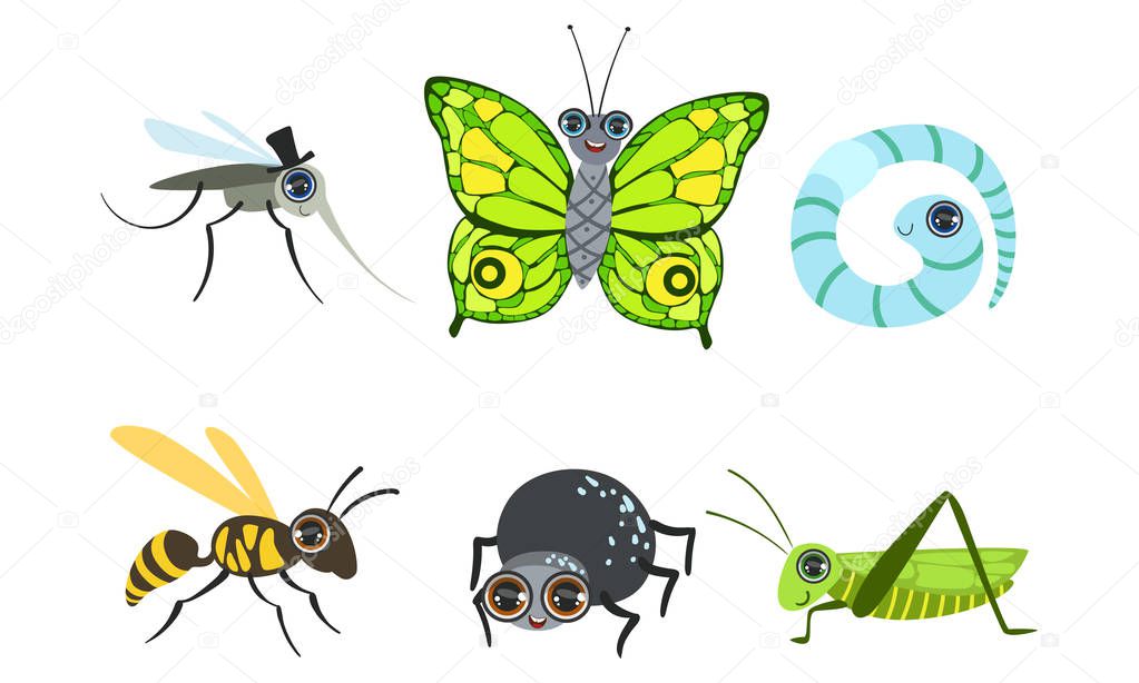 Collection of Cute Funny Cartoon Insects Set, Mosquito, Butterfly, Caterpillar, Wasp, Grasshopper, Spider, Worm Vector Illustration