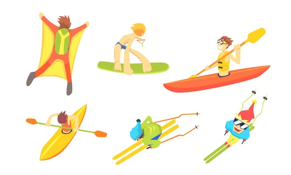 Menschen im Freien Aktivitäten eingestellt, Fallschirmspringen, Surfen, Kanufahren, Skifahren Vektor Illustration — Stockvektor