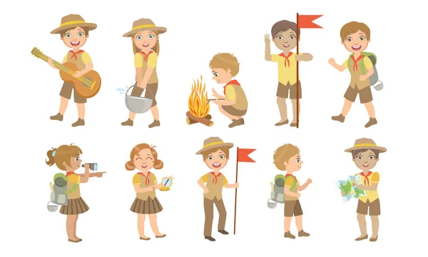 Cute Kids Scouts Camping Set, Cute Boys and Girls in Scout Costumes Cocina, Tocar la guitarra, Senderismo Vector Ilustración — Vector de stock