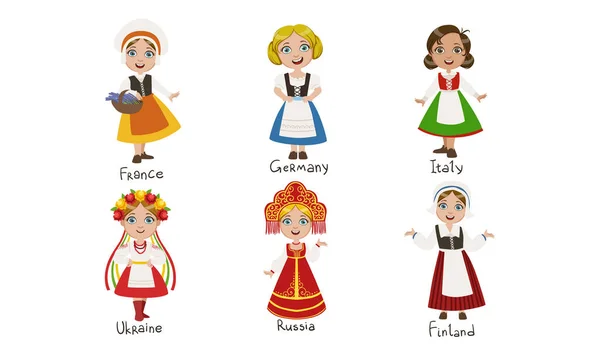Gyerekek a hagyományos jelmezek szett, Franciaország, Németország, Olaszország, Ukrajna, Oroszország, Finnország Vector illusztráció — Stock Vector