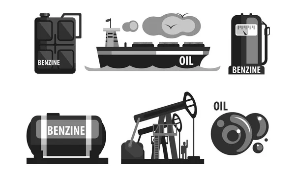 Conjunto de produção de indústria de petróleo, Símbolos de processamento de gasolina ilustração vetorial plana — Vetor de Stock