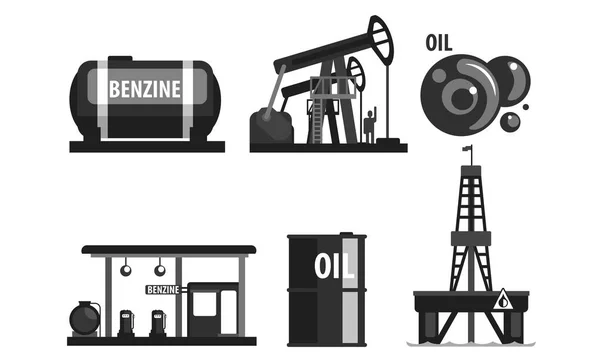 Olajipari termelési szett, benzin feldolgozása fekete szimbólum lapos vektoros illusztráció — Stock Vector