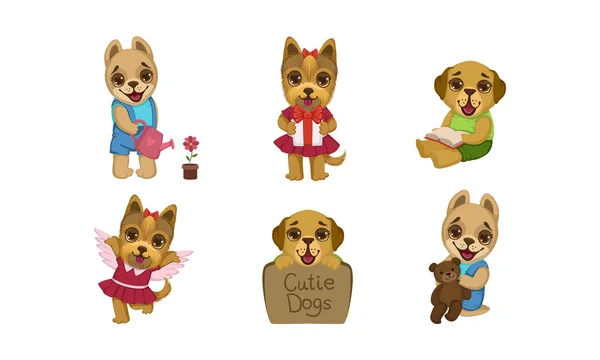 Lindo conjunto de personajes de perros pequeños, adorable animales de compañía humanizados Vector ilustración — Vector de stock