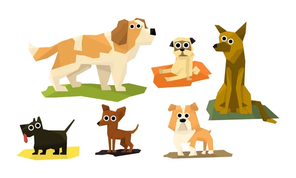 Cani simpatici e divertenti di diversi tipi di pane, adorabili animali domestici Personaggi illustrazione vettoriale — Vettoriale Stock