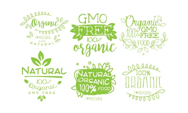 Naturliga ekologiska färska livsmedelsetiketter set, GMO-fri, vegan produkt vektor illustration — Stock vektor