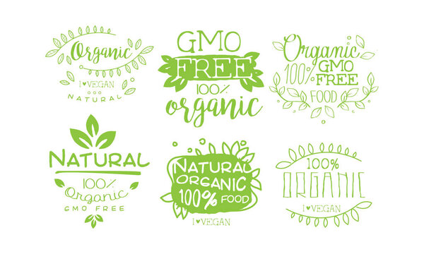 Набор этикеток из натуральных органических свежих продуктов, Gmo Free, Vegan Product Vector Illustration
