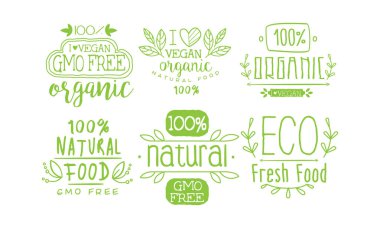Doğal Taze Gıda Yeşil Etiketler Seti, Gdo Ücretsiz, Organik Vegan Ürün Vektör İllüstrasyon