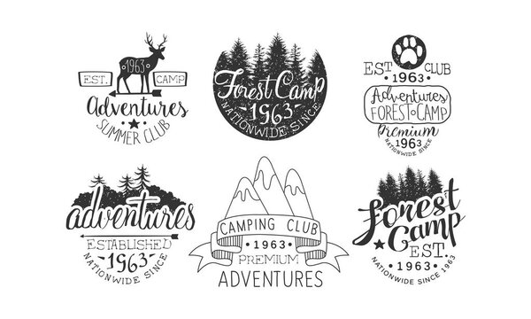 Forest Camp Premium Retro Labels Set, Camping Club, Summer Adventures Emblems Vector Illustration