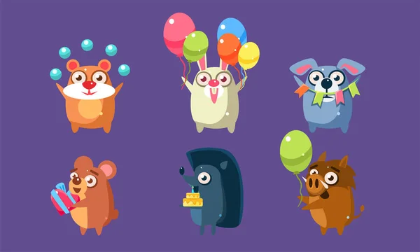 Personajes animales divertidos divirtiéndose en el conjunto de fiesta de cumpleaños, pegatinas lindas con animales del bebé, hámster, conejo, perro, oso, erizo, jabalí Vector Ilustración — Vector de stock