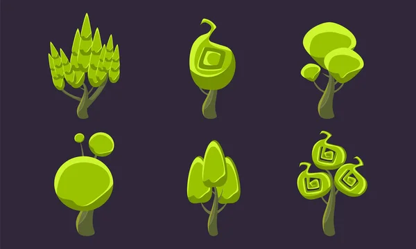 Conjunto de árboles de forma de fantasía verde, elementos de paisaje fantásticos, ilustración vectorial de escenarios de Game Ui — Vector de stock