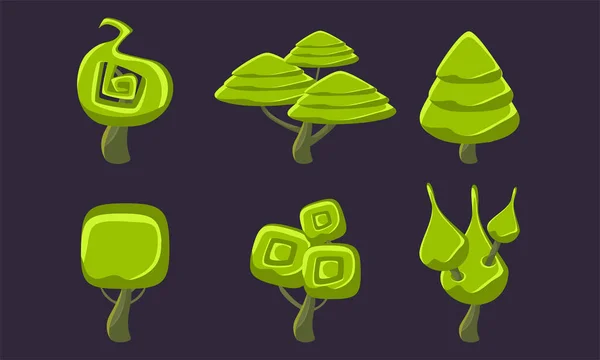 Groene fantasie vorm bomen set, fantastische bos elementen, spel UI Scenics vector illustratie — Stockvector