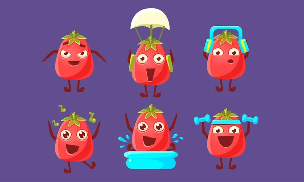 Ensemble de tomates drôle, personnages de légumes mignons dans différentes poses et diverses émotions Illustration vectorielle — Image vectorielle