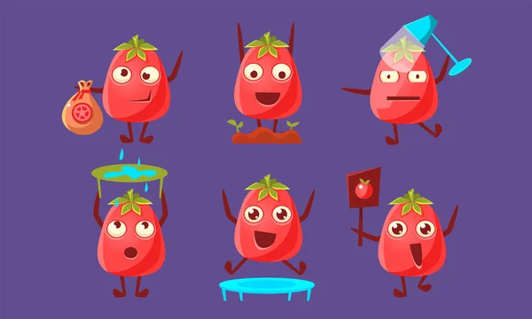 Зрізати символи помідорів з веселим набором облич, милий овоч у різних позах та різних емоціях Векторні ілюстрації , — стоковий вектор