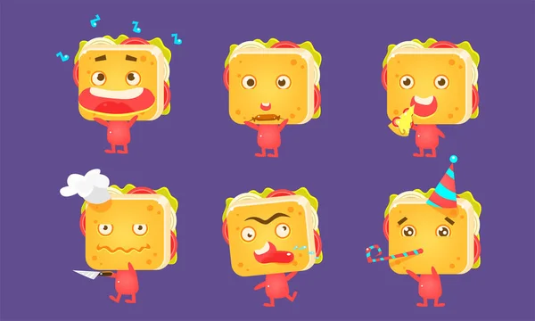 面白いサンドイッチキャラクターセット、異なる感情ベクトルイラストを持つ食べ物 — ストックベクタ