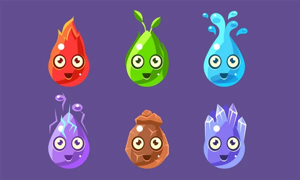Set di personaggi di forme lucide divertenti, simpatici elementi di natura colorata risorse di interfaccia per app mobile o illustrazione vettoriale del videogioco — Vettoriale Stock