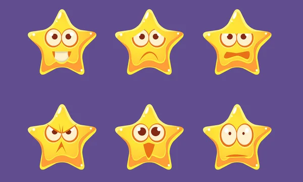 Glossy Star Characters Set, Bright Star with Different Emotions Vector Illustration - Stok Vektor