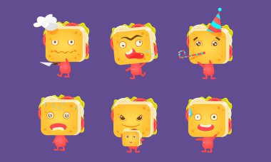 Sandviç Seti, Komik Yüzler ve Farklı Duygular Vektör İllüstrasyon ile Gıda Karakterleri