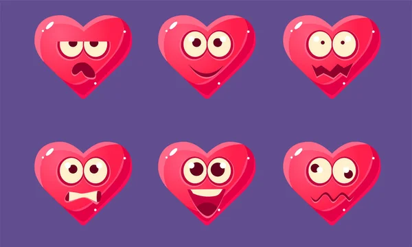 Śliczne błyszczące serce zestaw znaków, różowe serca z różnych emocji wektor ilustracji, — Wektor stockowy