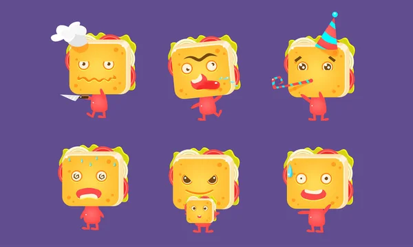 Комплект сэндвичей, пищевые персонажи с забавными лицами и различными эмоциями — стоковый вектор