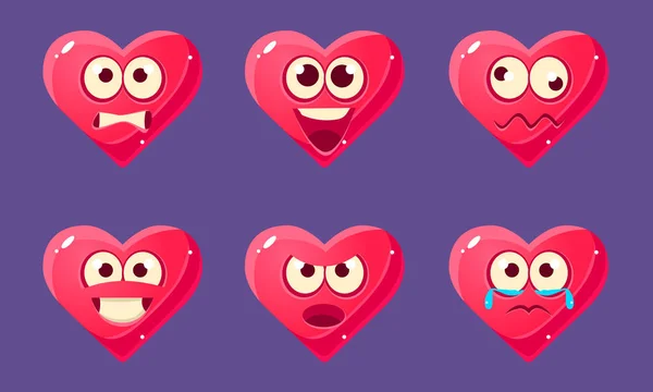 Glanzende hart tekens instellen, grappige roze harten met verschillende emoties vector illustratie — Stockvector