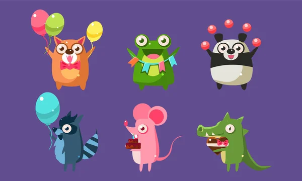Śmieszne postacie zwierząt zabawy na urodziny zestaw, śliczne naklejki z Baby Animals, pies, żaba, niedźwiedź Panda, mysz, Raccoon, Krokodyl Vector ilustracji — Wektor stockowy