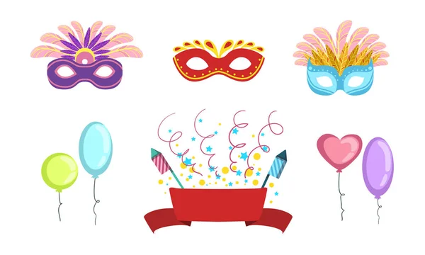 Färgglada Party symboler set, firande födelsedag, karneval, maskerad, semester objekt vektor illustration — Stock vektor