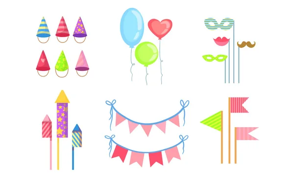 Conjunto de símbolos coloridos do partido, aniversário da celebração, carnaval, ilustração do vetor dos objetos do feriado —  Vetores de Stock