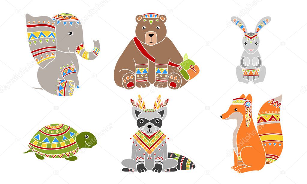 Ethnic Patterned Animals Set, Elephant, Bear, Rabbit, Turtle, Fox, Raccoon Vector Illustration